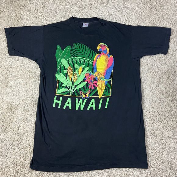 Vintage Poly Tees Shirt Adult XXXL Black Hawaii Parrot 1990 Flowers Butterfly - Picture 2 of 16